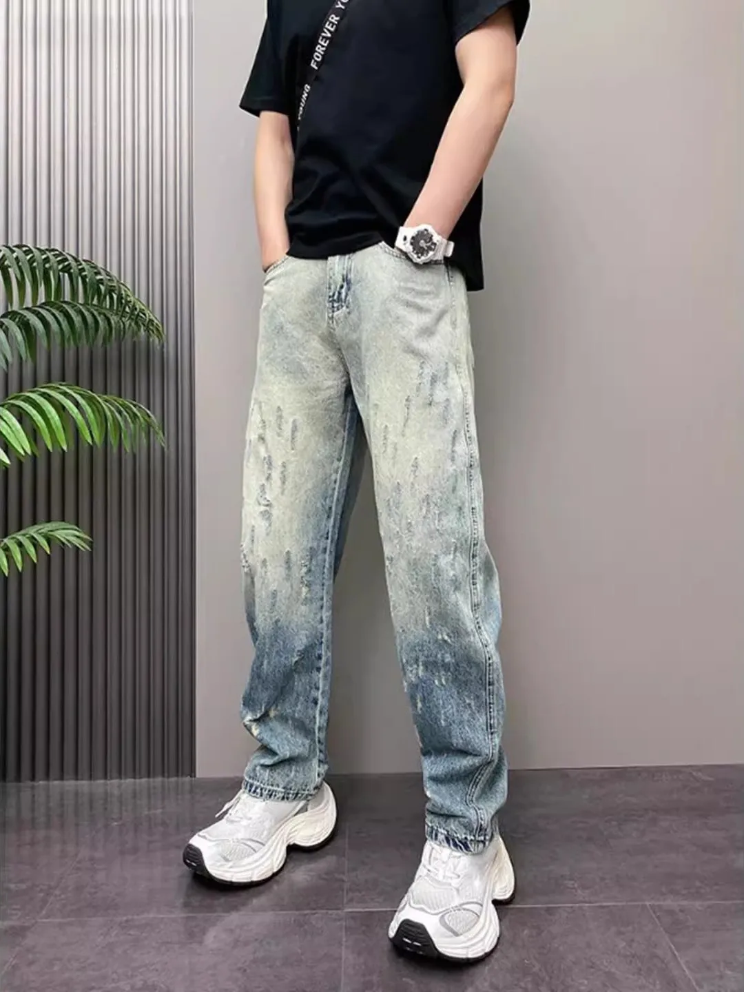 

Мужские джинсы American Style из денима с эффектом потертости, повседневные, прямого кроя, рваные, длинные брюки для весны и осени, в стиле High Street