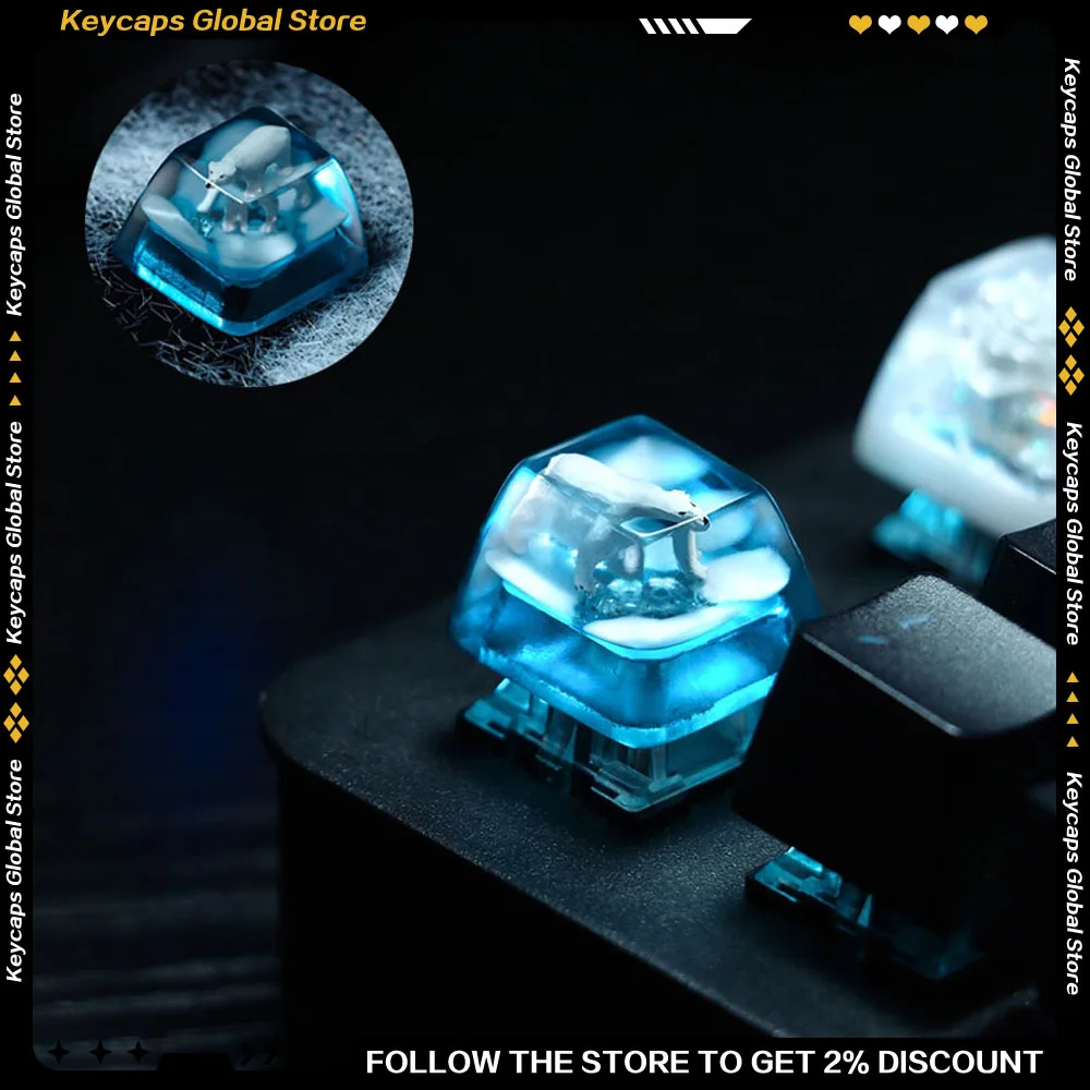 Original Glacier Polar Bear Keycap Resin Creative Handmade Translucent Artisan Keycap for Gamer Mechanical Keyboard Accessories