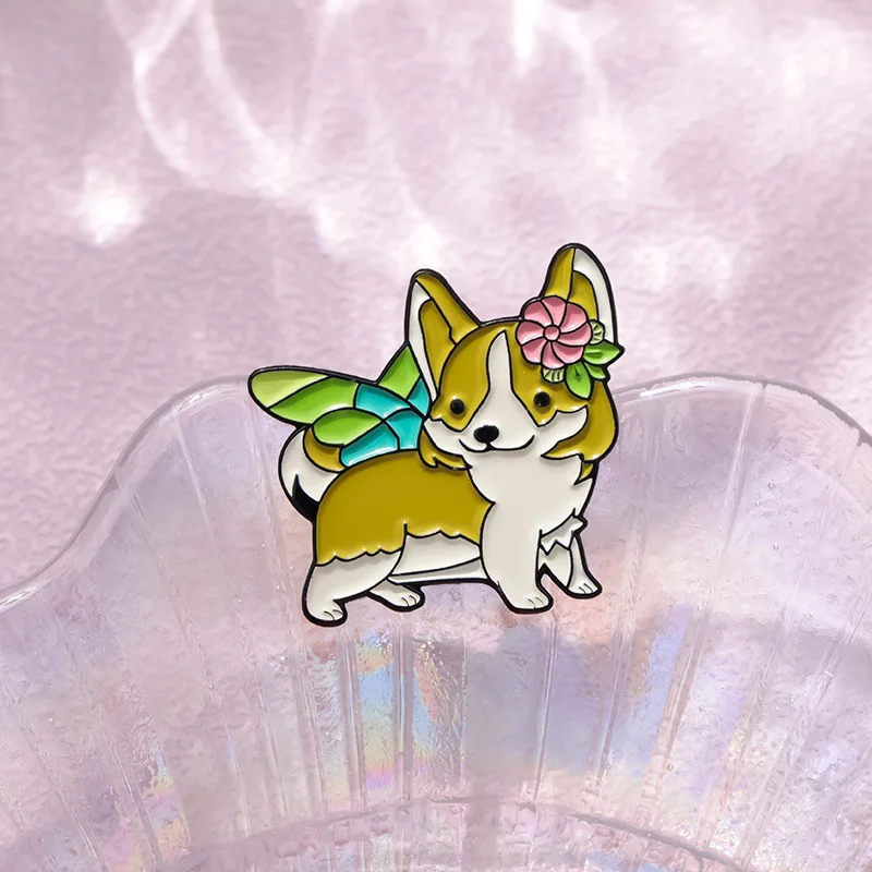 Cute Corgi Shape Enamel Pins Fairy Corgi with Butterfly with Tail Brooches Lapel Badge Backpack Clothes Accessories Jewelry Gift