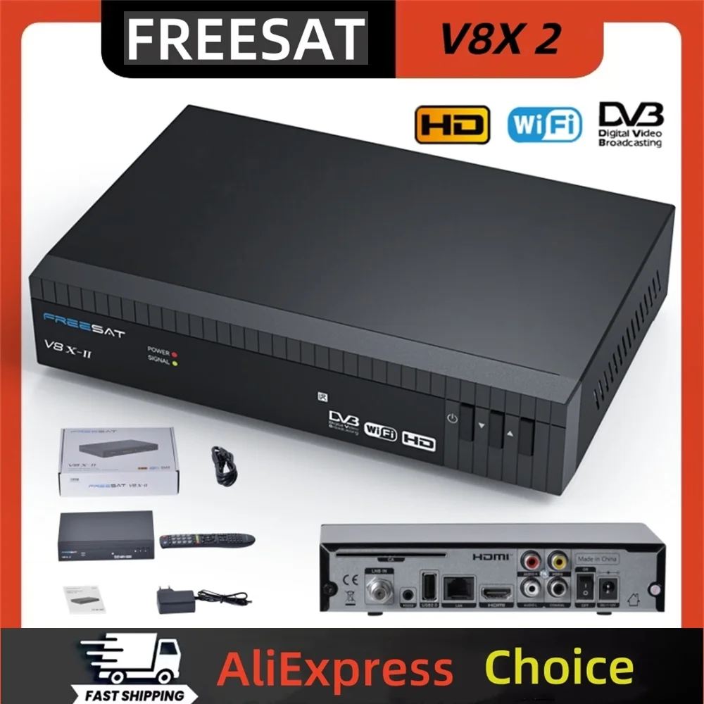 جهاز استقبال تلفزيون FREESAT V8X 2 1080P عالي الدقة DVB-S/S2/S2X، H.265 مدمج WIFI، FUNCAM/MARS/CCAM/M3U TV Box مع فتحة بطاقة CA