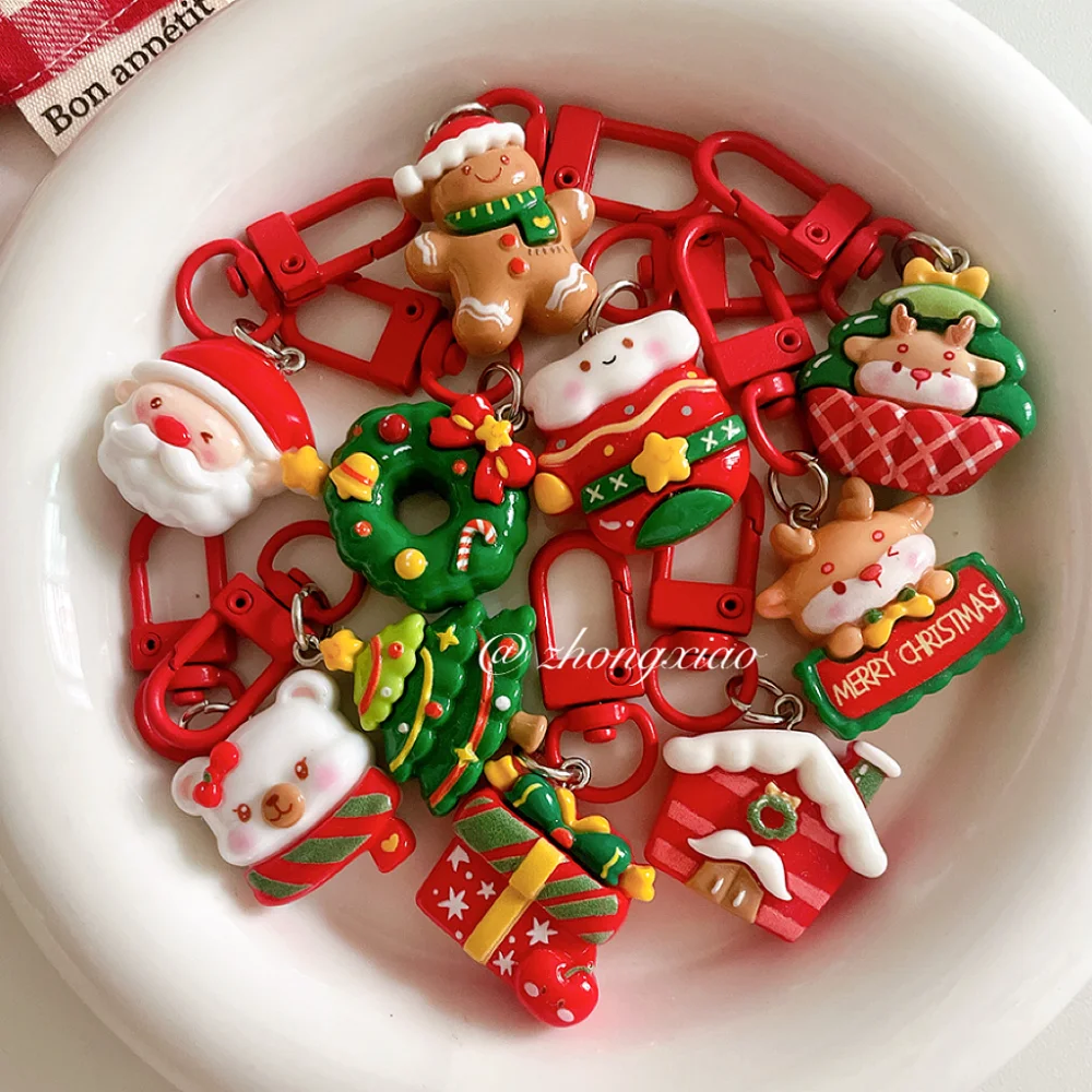 Cartoon Christmas Keychain Cute Santa Claus Tree Gloves Elk Bag Pendant Hanging Accessories Key Ring Best Friend Christmas Gift