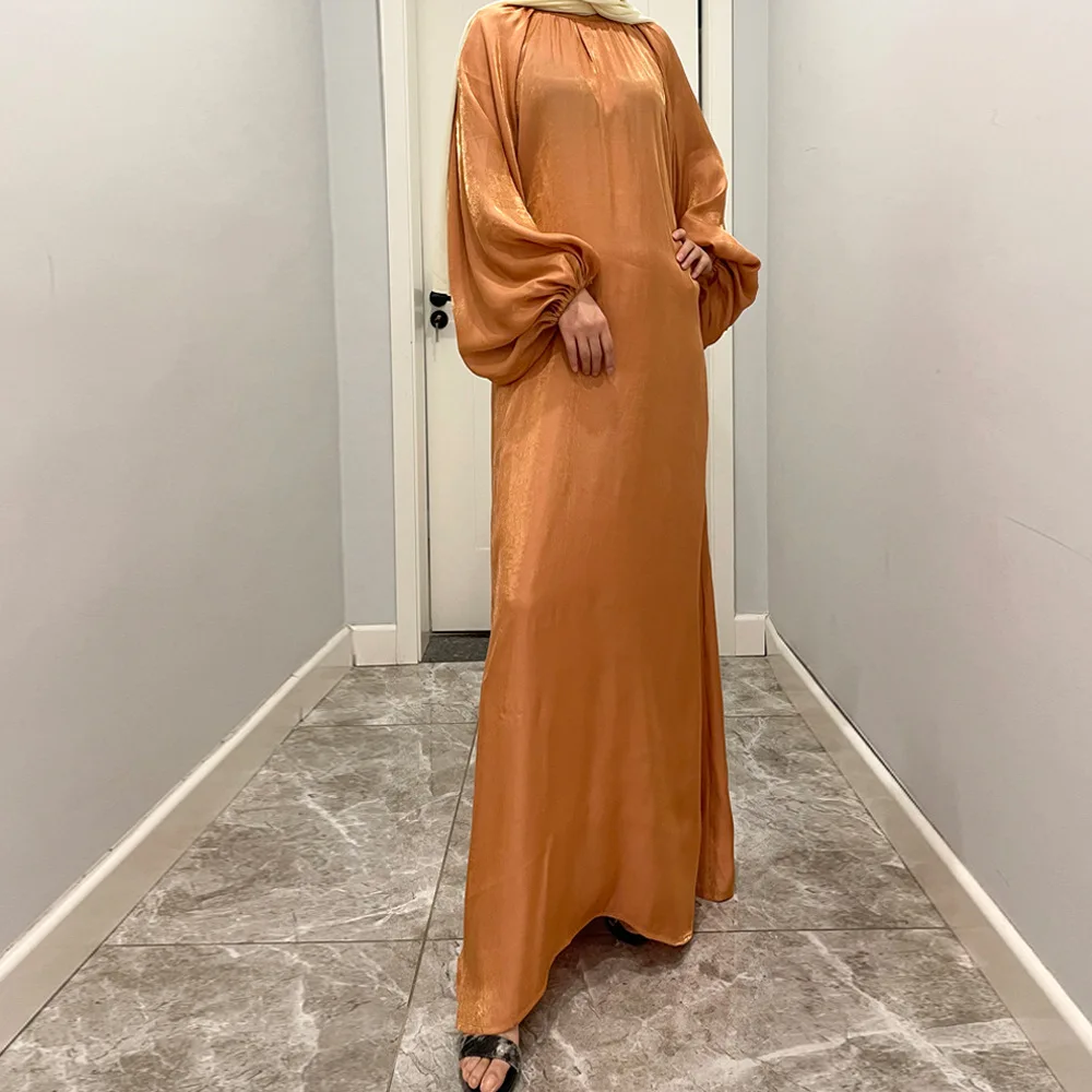 Ramadan Eid Djellaba Muslim Dress Dubai Fashion Elastic Puff Sleeve Soft Shiny Abaya Dubai Turkey Muslim Kimono Islam Robe WY840