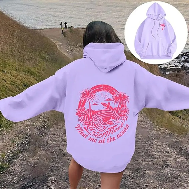 เสื้อฮู้ดพิมพ์ลาย Chasing Sunsets รุ่นใหม่สำหรับผู้หญิง ไซส์ยุโรป แขนเสื้อแบบเปิดไหล่ ดีไซน์เก๋สำหรับการค้าอีคอมเมิร์ซข้ามพรมแดน