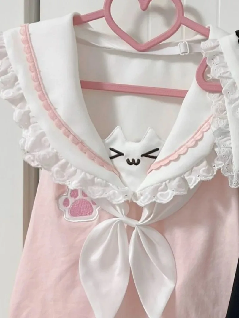 Japanese Kawaii Cat Cartoon Cute Y2k Aesthetic Lace Tops Patchwork Slim Crop Tees Grunge Contrast Color Vintage Fairy T-shirts