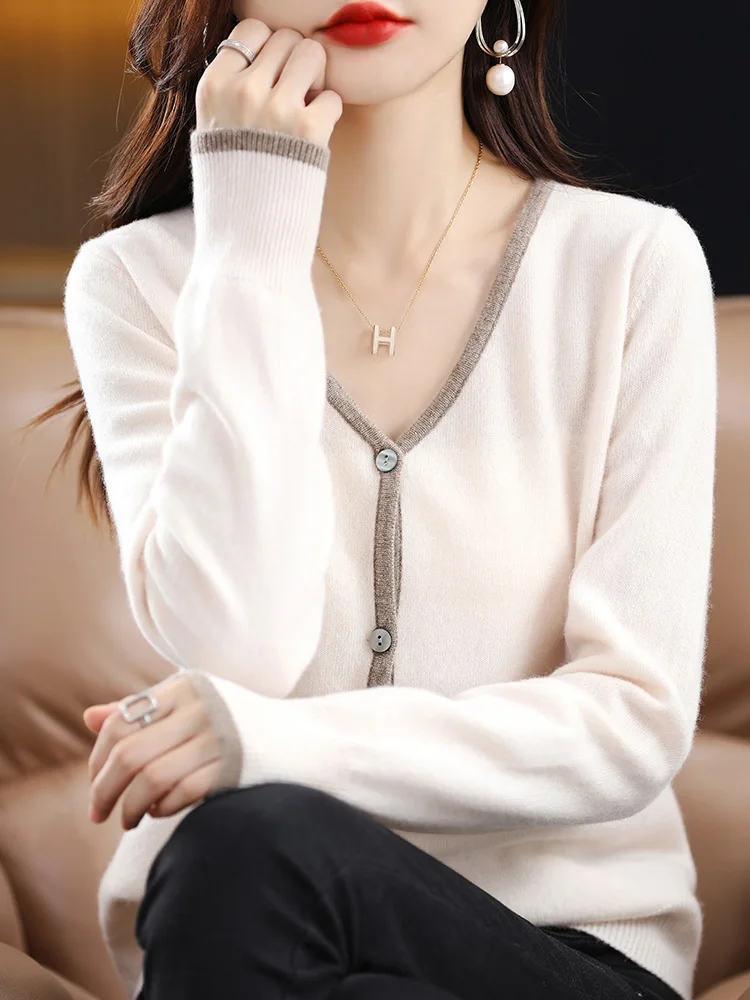 100% Pure Merino Wool Cardigan Women Sweater V-neck Long Sleeve Color matching Knitwear Coat Spring Fall Fashion Women Clothes