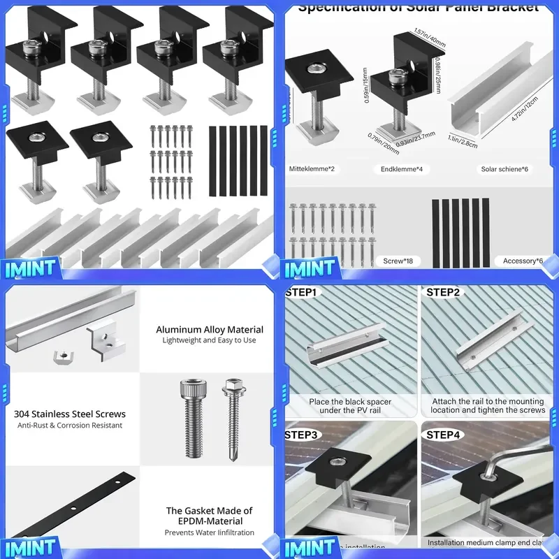 12 Pcs Solar Panel Bracket Kit Aluminium Mounting Rail 30mm/35mm End Clamps Brackets for Flat Roof PV Mounting Rail Black