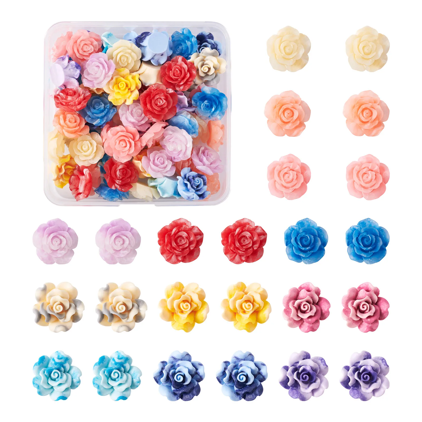 72Pcs Resin Rose Flower Flat Back Cabochon Smudged Color for DIY Jewelry Necklace Phone Hairclip Home Decoration Accessories