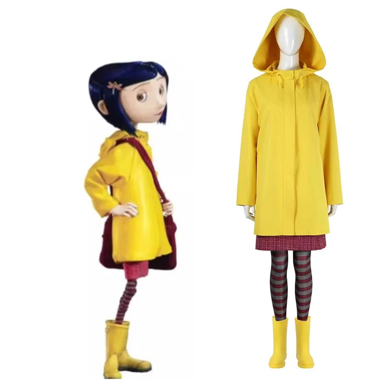 Movie Coraline Cosplay Costume Yellow Coat Top Pants Skirts Suit Halloween Carnival Party Outfit