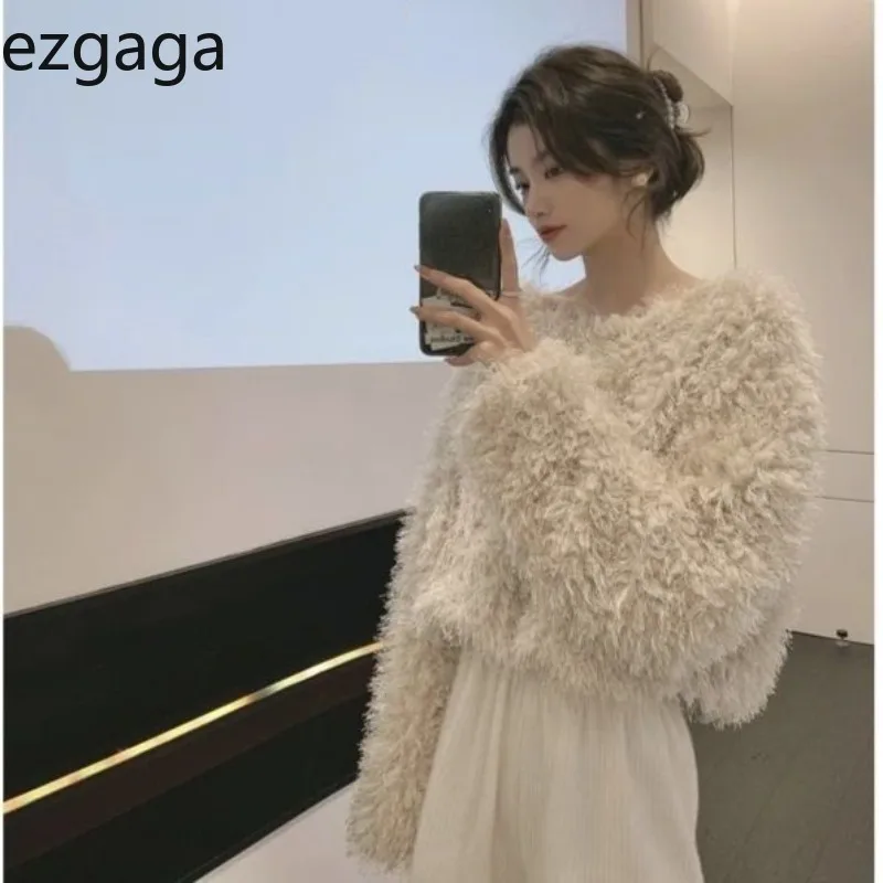 Ezgaga Sweater Women Autumn Winter Tassel Furry Loose O Neck Solid Outwear Fashion Pullover Female Cropped Jumper Casual