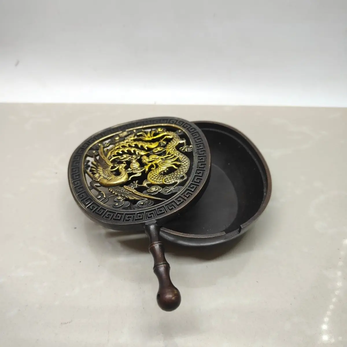 Gilt Bronze Dragon-Phoenix Fan Censer, Dragon and Phoenix Auspicious Incense Burner for Sandalwood
