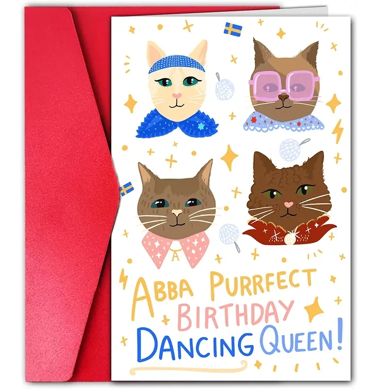 1pc, Cats Birthday Card, Music, Love Band, Party, Dancing Queen.