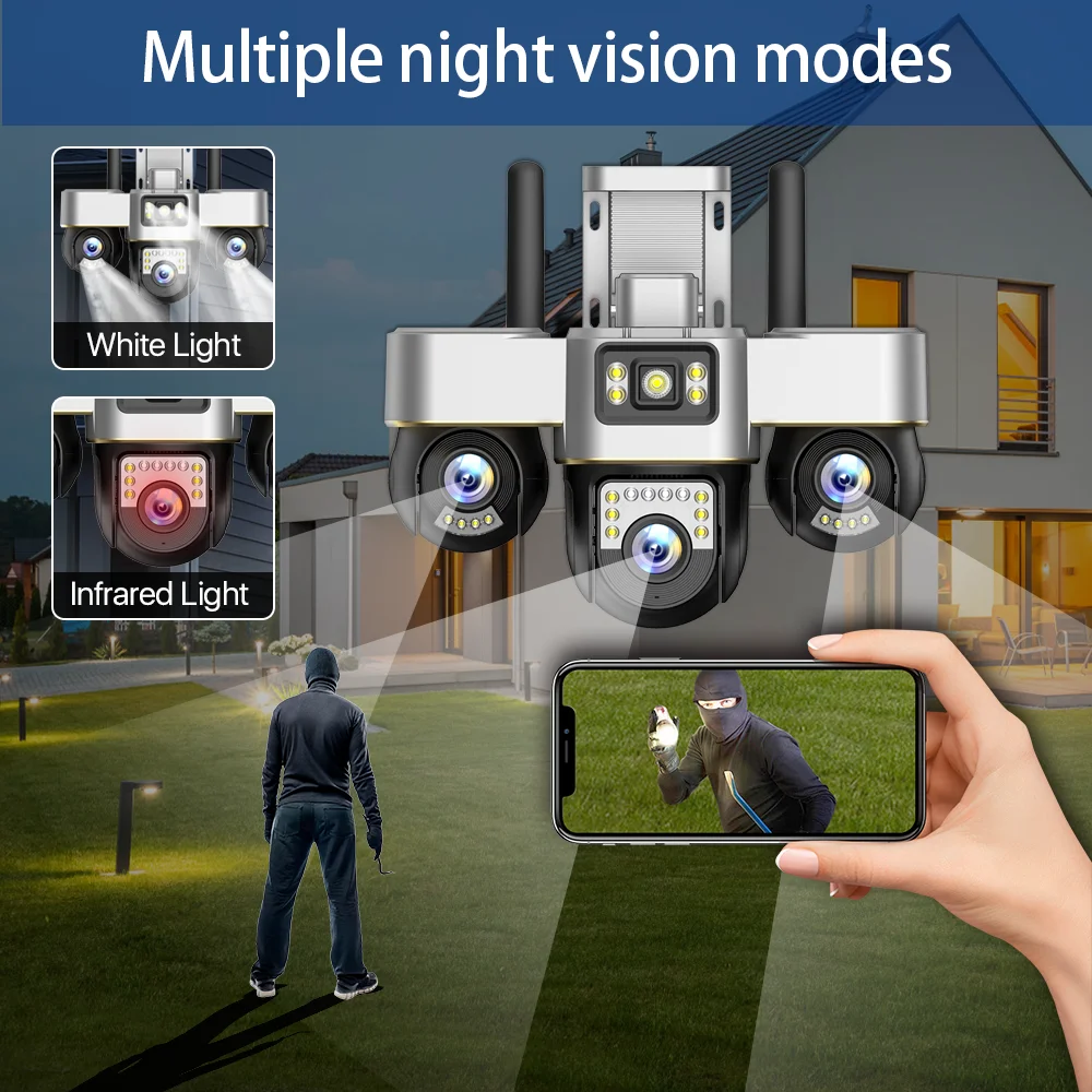 Cámara WiFi 8K 15MP Cámara de seguridad exterior Tres pantallas Tres lentes PTZ 360 °   Cámaras de vigilancia CCTV de protección de seguridad V380