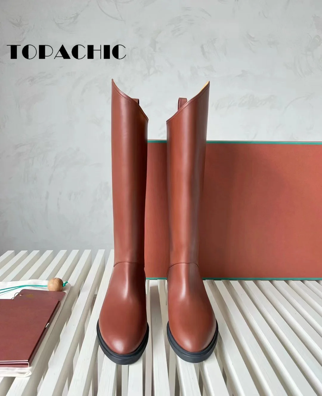 9.19 TOPCHIC Cowhide Over-the-Knee Boots Fashion All-matches Genuine Leather Pointed Toe Diagonal Flat Sole Boots