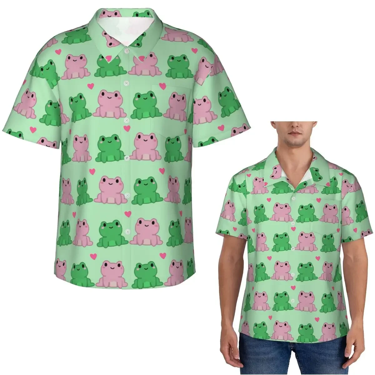 Two Frog Love Heart Cartoon Hawaiian Shirts Fashion Men Short Sleeve Shirt for Summer Beach Men's Button Tops