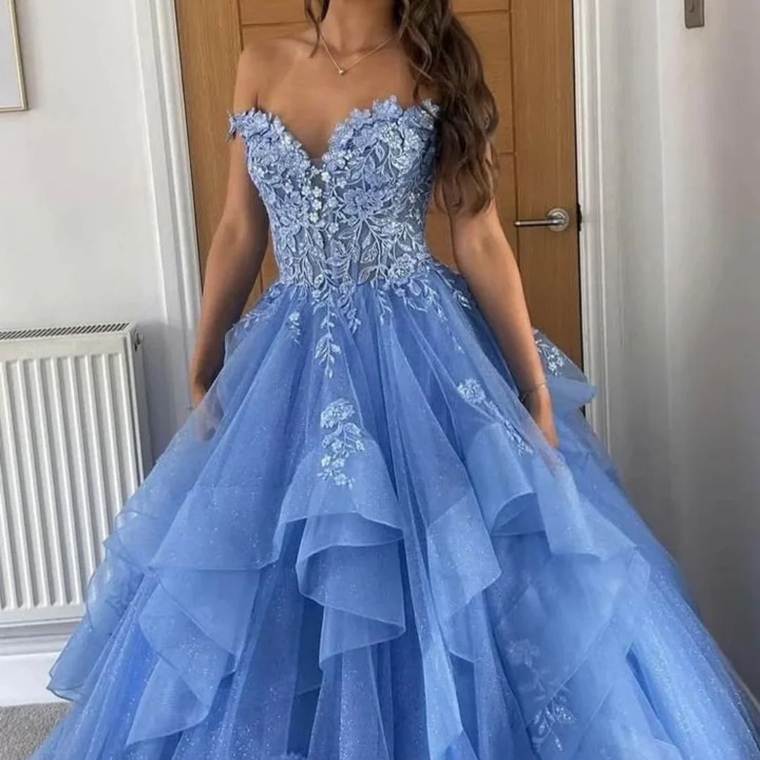 Bella op maat gemaakte blauwe bloemen borduurwerk off-the-shoulder robes de soirée mesh stof feestjurken strapless a-lijn galajurk