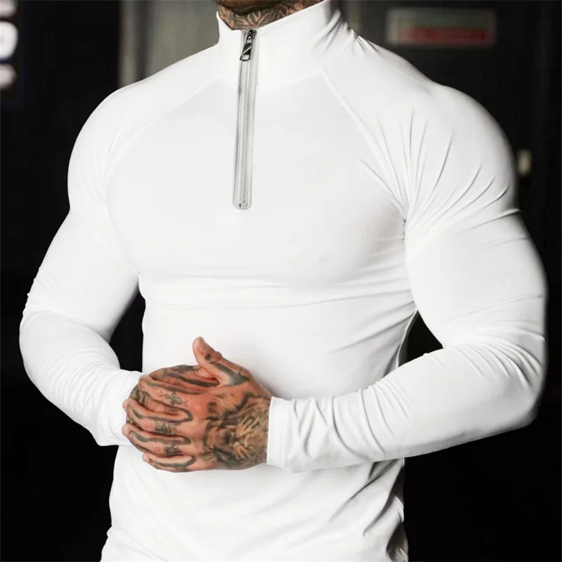 Spring quick-dry Fitness Compression T-shirt men Running Elastic Long Sleeves tops half zip High neck Tight sports T-shirt