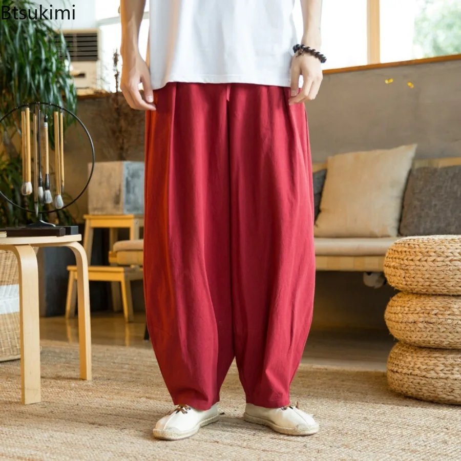 Chinese Style Cotton Linen Harem Pants Summer New Men's Baggy Casual Wide Leg Jogger Trousers Vintage Drawstring Sweatpants Male