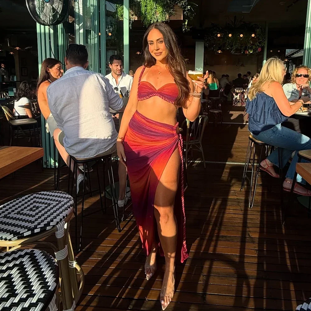 Sexy Gradient 3 Pieces Bikini Set With Cover Up Push Up Bikinis Women Swimsuit Female Swimwear Long Skirt Bathing Suit Beachwea