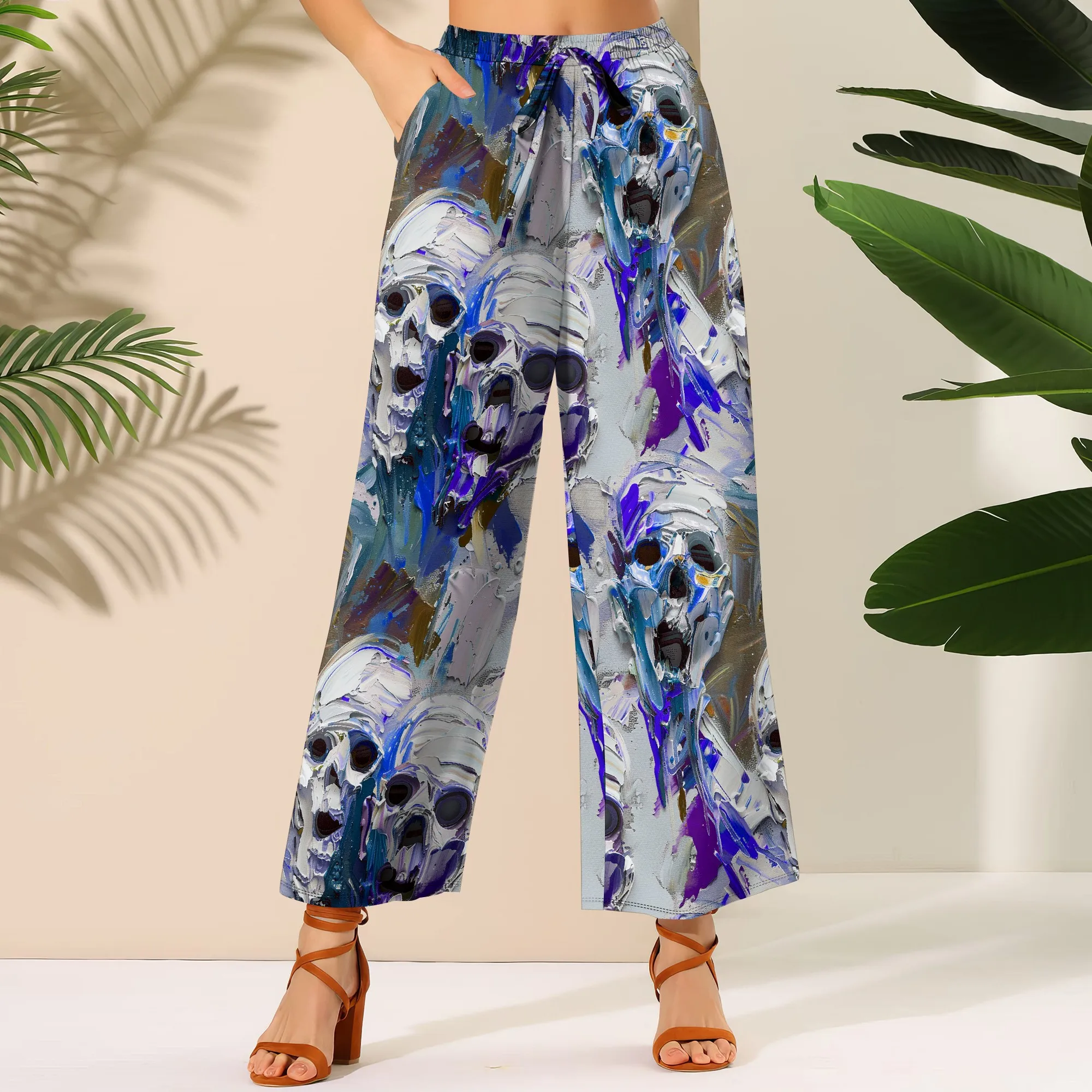 

Women's Wide Leg Ankle-Length Pants Skull Print Casual Elastic Loose Breathable for Cocktail Night Out Wedding Guests