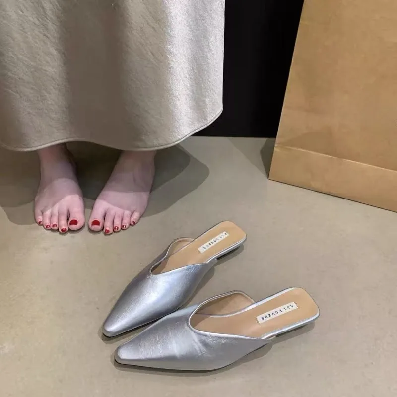 Flannelette Wrapped Half Drag Women Wear 2026 New Pointed Toe Lazy Low-heeled Slippers