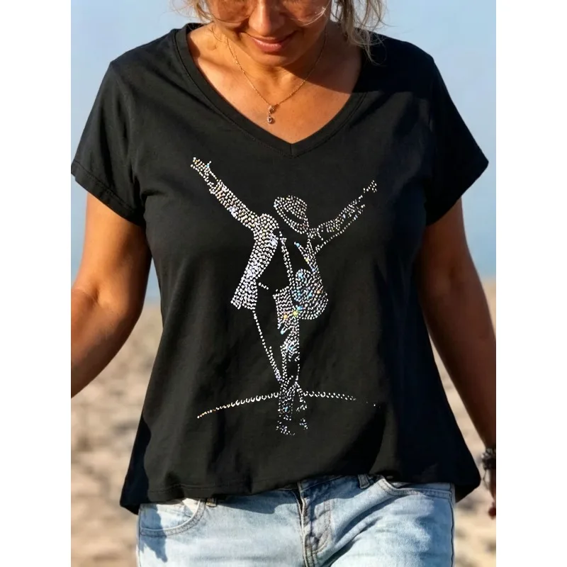 ilstile Women's King of Music Print T-Shirts Summer Short Sleeve Casual Loose V Neck Tops Tees Black Hot Sale