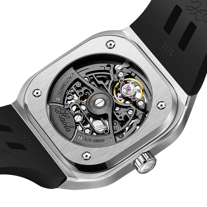 Haofa Automatic Mechanical Watches for Men Skeleton Dial Square Case Luminous Sapphire Mens Wristwatch Stainless Steel 1962
