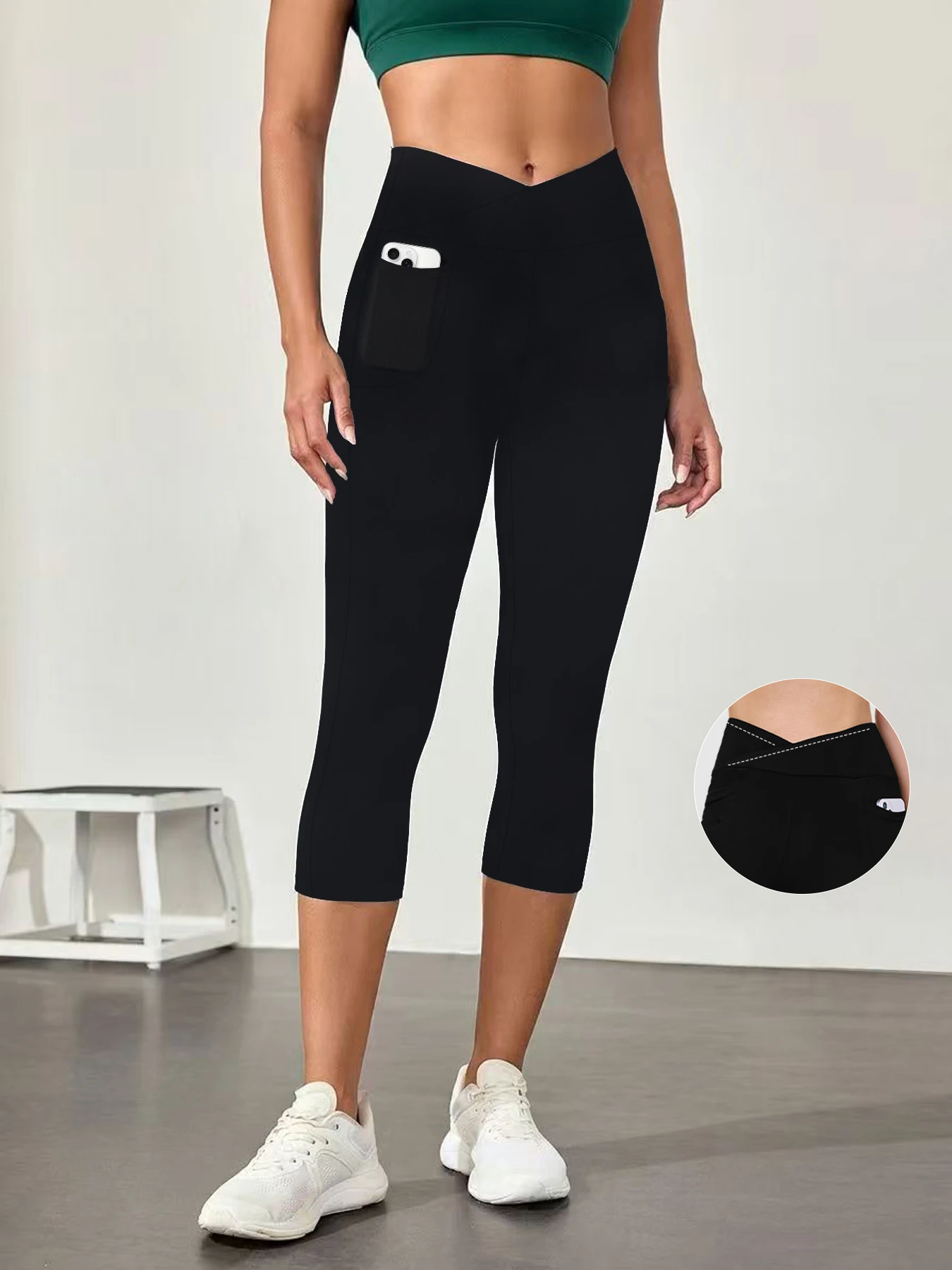 

Women's Super Soft Crossover High Waisted Capri Pants With Pockets Tummy Control No See Through Workout Yoga Running Leggings