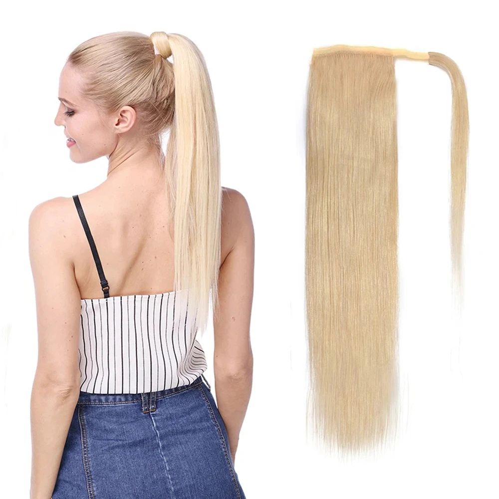 

Light Blonde Human Hair Ponytail Warp Around Women Virgin European Hair Drawstring Ponytail Clip Ins Remy Hair Extensions #613