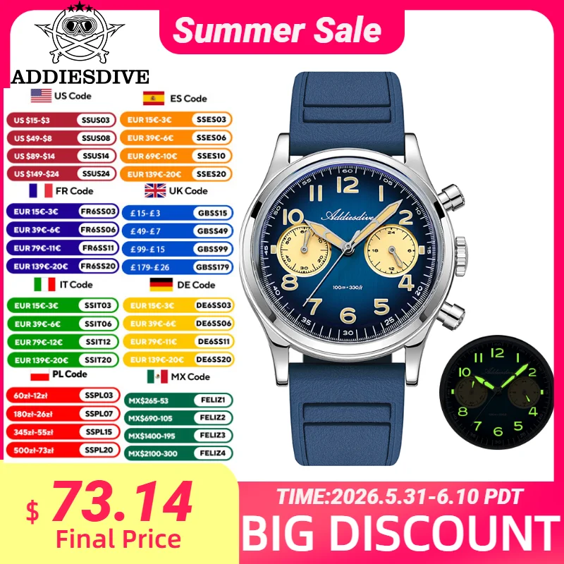

ADDIESDIVE VK64 Chronography Quartz Watches For Men AD2516 Bubble Glass 38mm Retro Timing Luminous Waterproof Luxury WristWatch