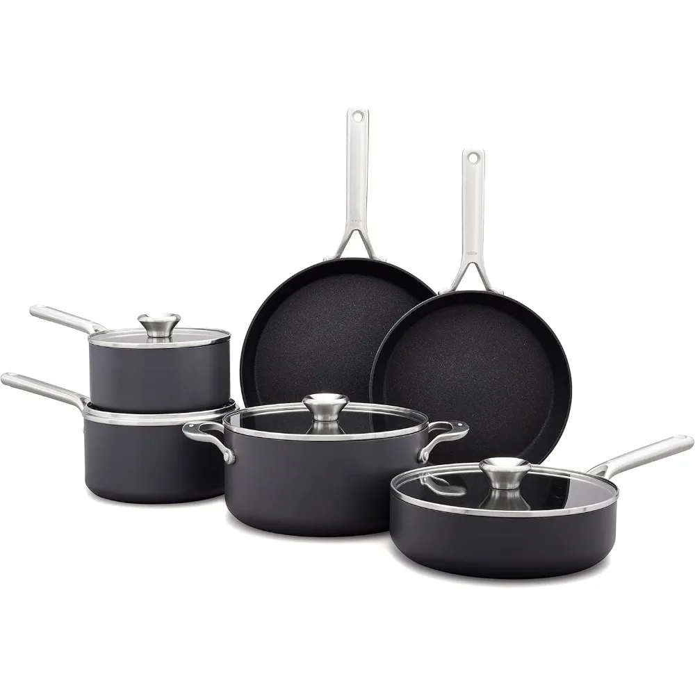 

10 Piece Cookware Pots And Pans Set, Hard Anodized Ceramic Nonstick Pfas-free,stainless Steel Handles,