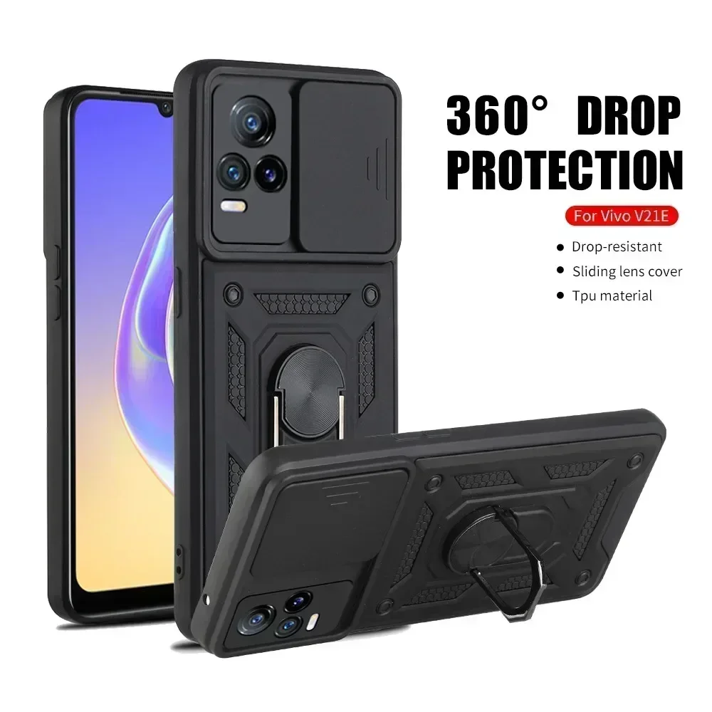 Push Camera Armor Case pour Vivo V21, V21E, Vivov21 E, Vivov21E, 4G, 5G, Support magnétique de voiture, Anneau de support, Antichoc, Protect Cover, Fundas