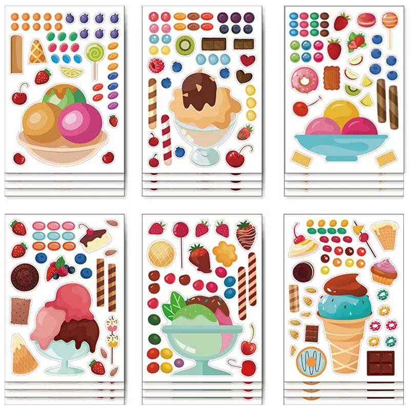 Children DIY Make Your Cup Cake Stickers Sheets Creative Puzzle Jigsaw Ice Cream Dessert Sticker Party Decoration Decal for Kids