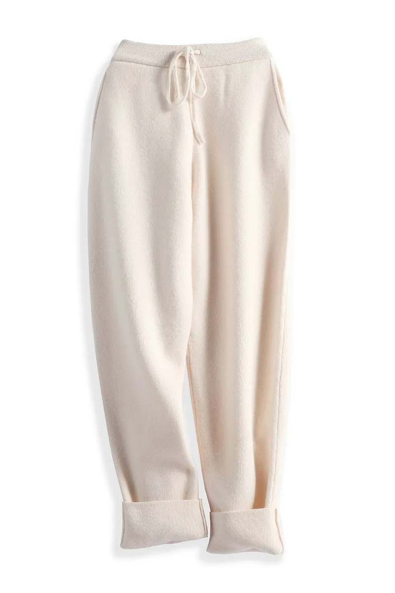 Women Fashion Straight-leg 100% Merino Wool Pants Cashmere Soft Solid Color Trousers Simple And Comfortable