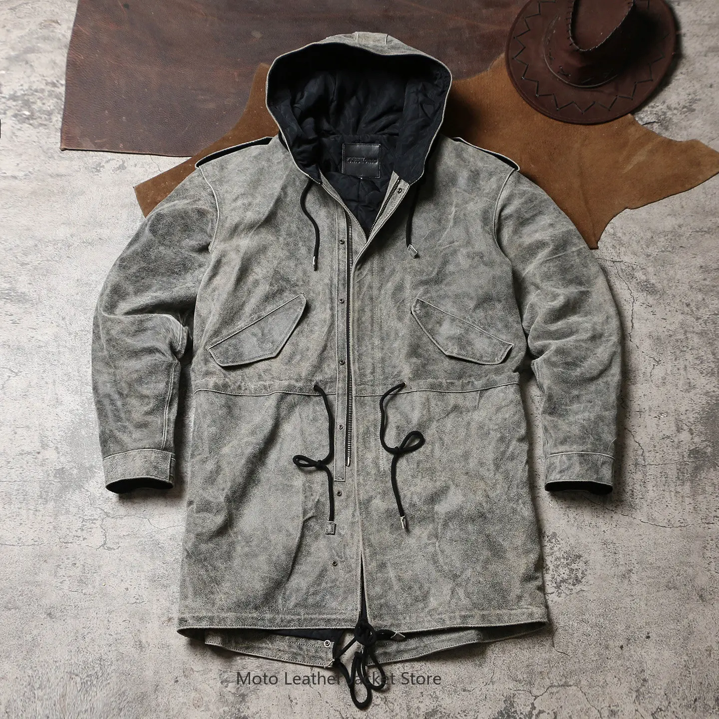 

M51 Vintage Distressed Mid-length Quilted Leather Coat, Autumn Winter Warm Cracked Suede Cowhide Retro Genuine Leather Outerwear