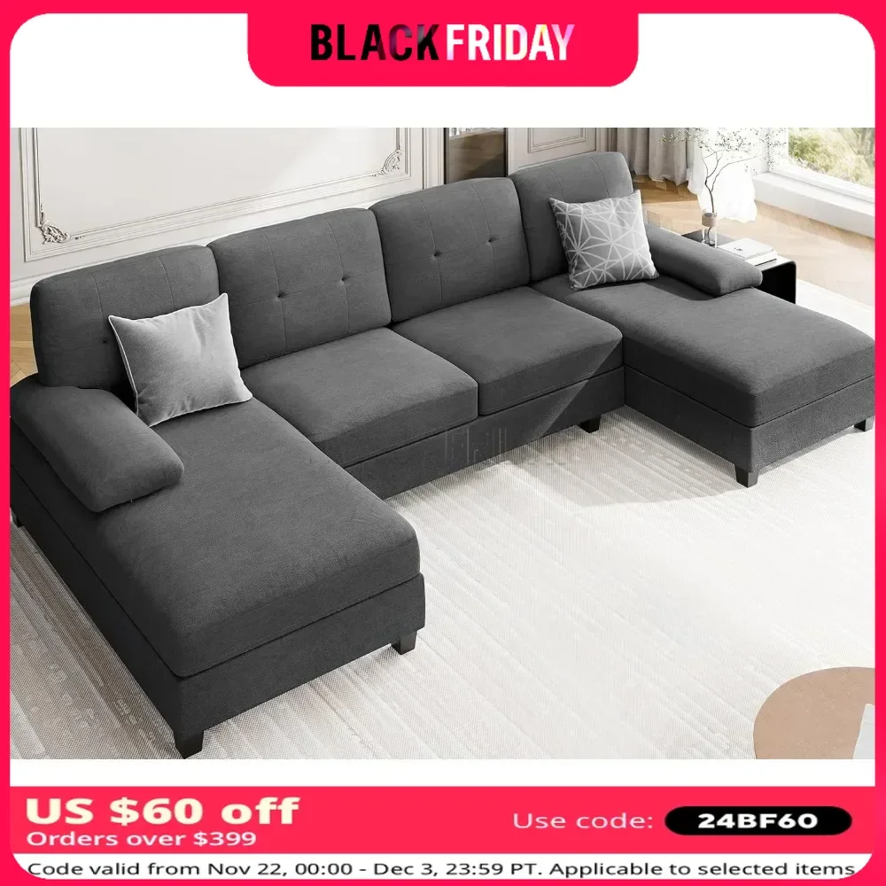 Sectional Couches with Oversized Seats 4 Seat Sofa Set U-Shaped Couch with Wide Double Chaise Lounges Large Couch