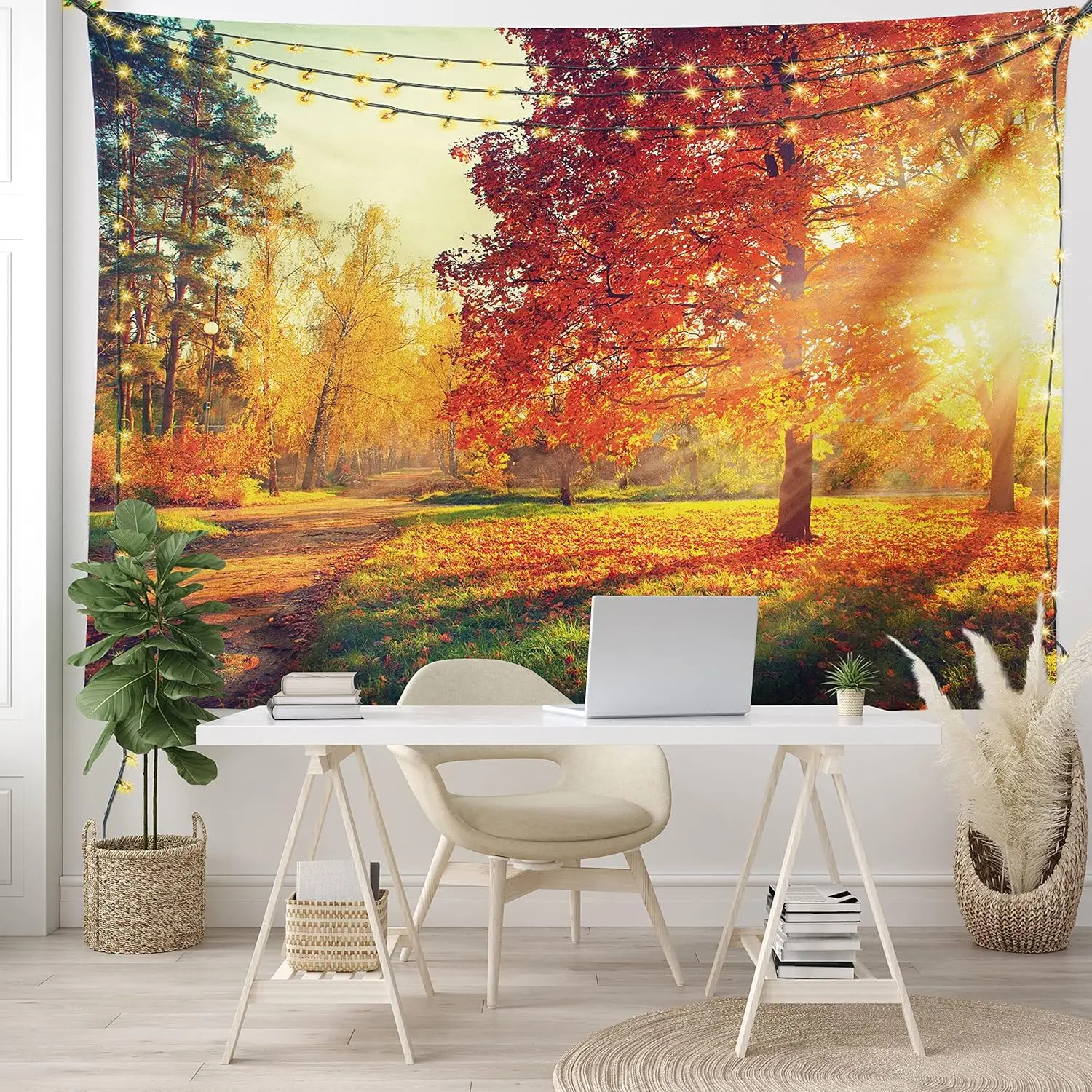 Fall Tapestry, Vibrant Misty Day in Forest Sun Rays Trees Foliage Fallen Leaves Calm View, Wide Wall Hanging for Bedroom Living