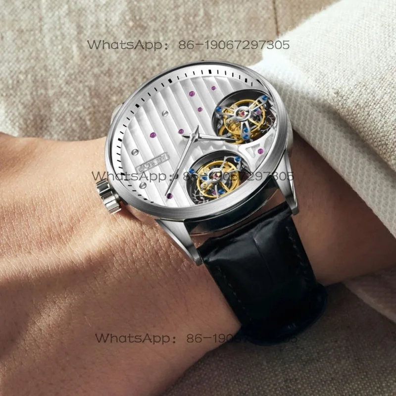 Manual Stainless Steel Hollow Double Tourbillon Mechanical Men's Watch 7075 Wristwatch