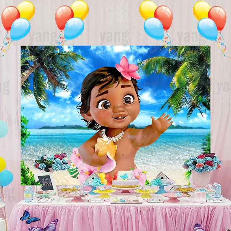 Cartoon Disney Beach Coast Ocean Princess Moana Tropical Flowers Backdrop Little Girl Happy Birthday Party Backgrounds Banner