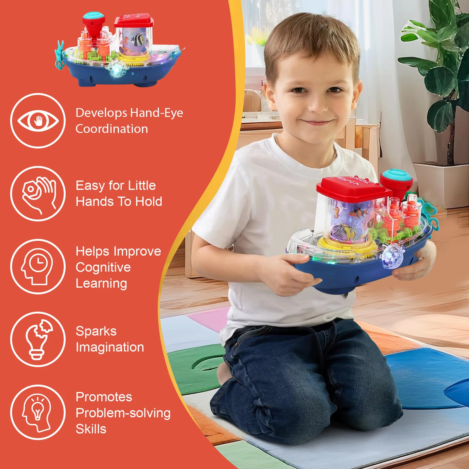 Elektrische simulatie transparante uitrusting roterend cruiseschip speelgoed met kleurrijk geluid en licht, perfect cadeau voor baby's