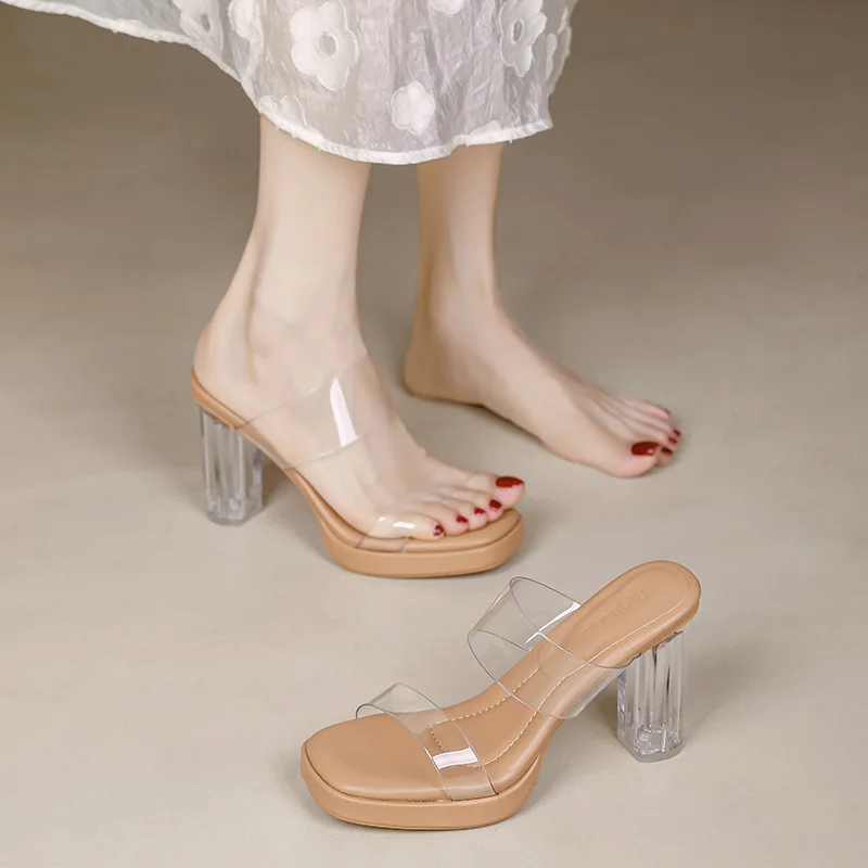 Women Transparent High Heel Slippers 2026 Summer Chunky Heel Platform Sandals Crystal Outdoor Fashion