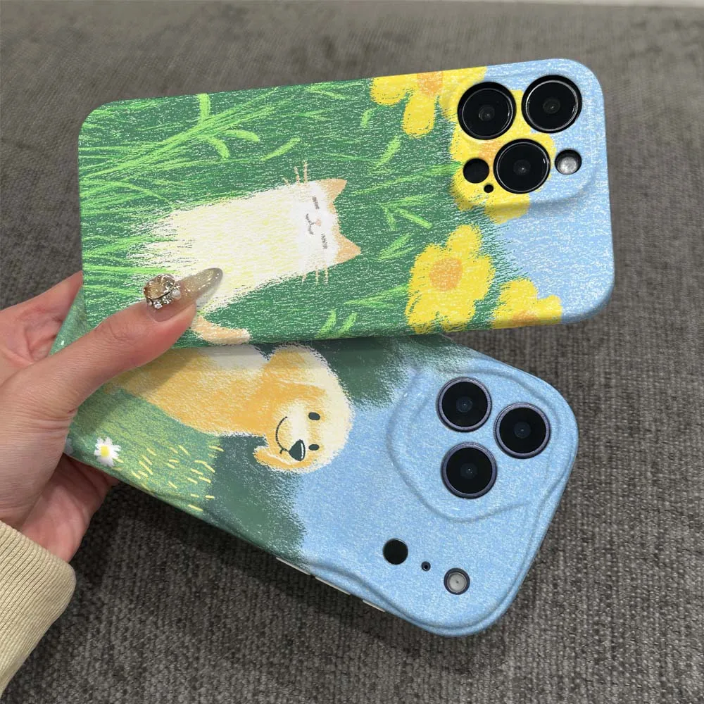 

Cartoon Golden Dog Grass For Apple iPhone 11 12 13 14 15 16 17 16E Air Plus Pro Max 2022 Wave Oil Film Phone Case