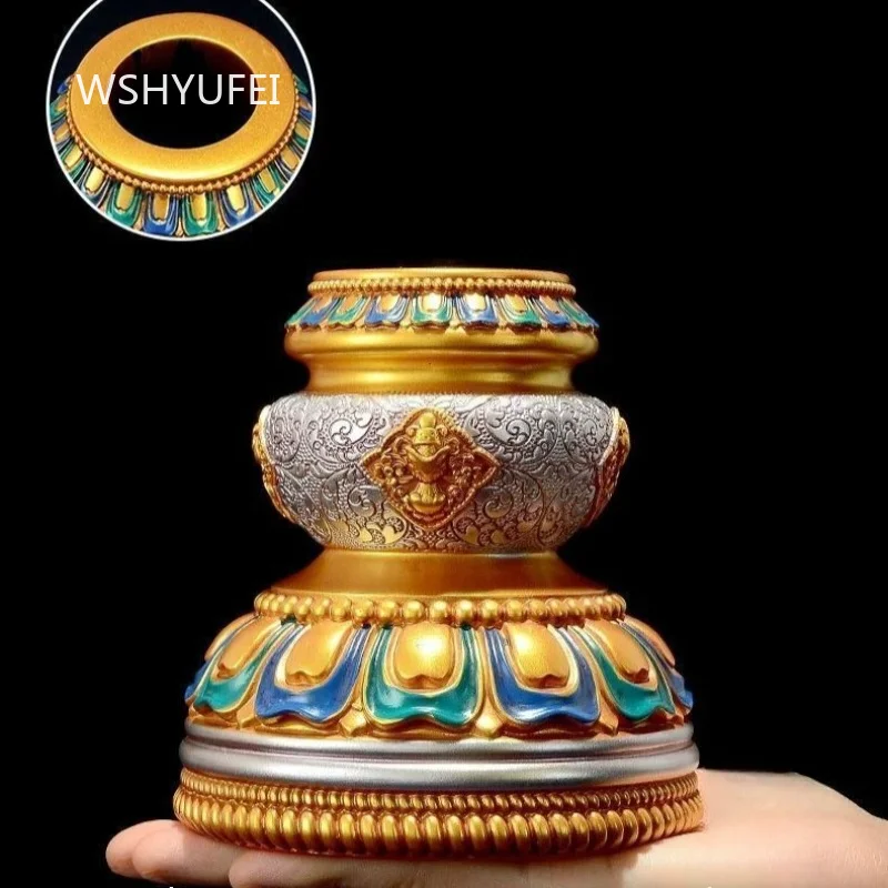 Tibetan Resin Prayer Wheel Stand with Eight Auspicious Symbols and Lotus Base Decorative Altar Pedestal for Home Temple