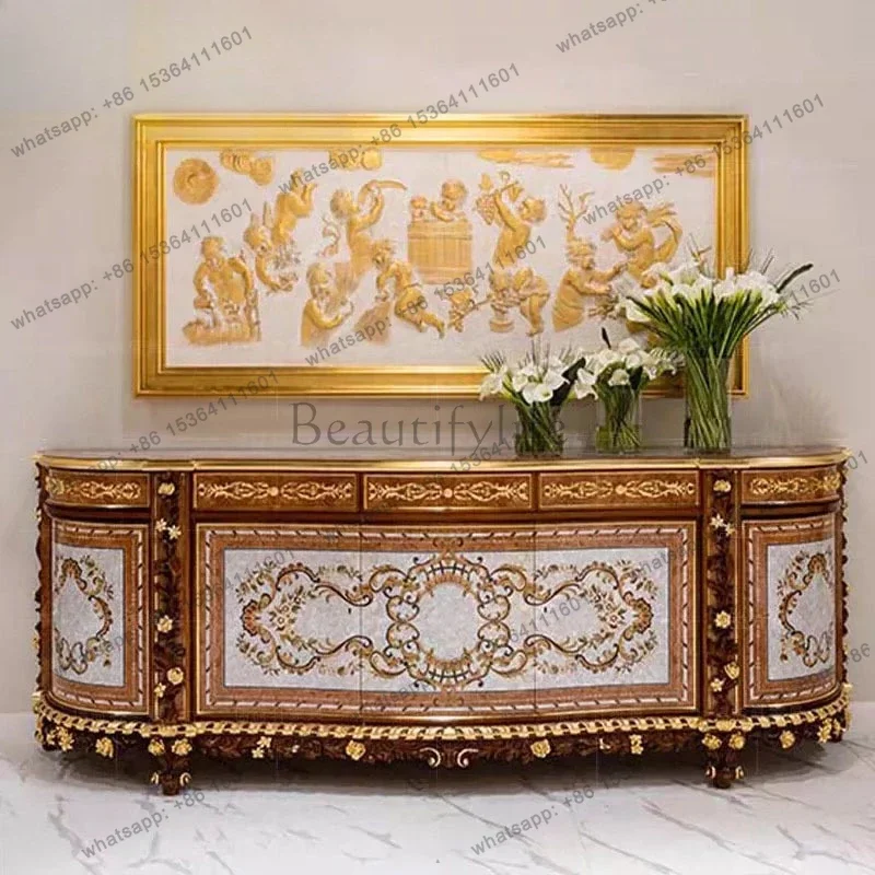 D36European high-end Italian solid wood carving flower TV locker French veneer parquet shell inlaid dining side cabinet