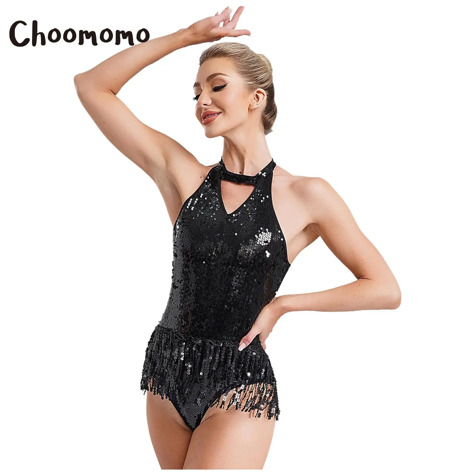 

Women Dancing Performance Costume Sleeveless Round Collar Shiny Sequins Straps Back hollow out Tassel Hem Gymnastics Dance Dress