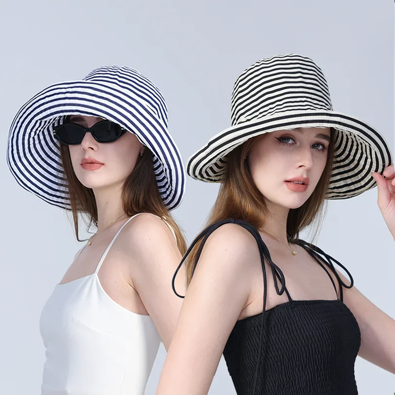 

Fashion Wide Brim Stripe Bucket Hat Anti-UV Foldable Sunscreen Hat Visor Cap Hiking Cap Sun Protection Cap Outdoor