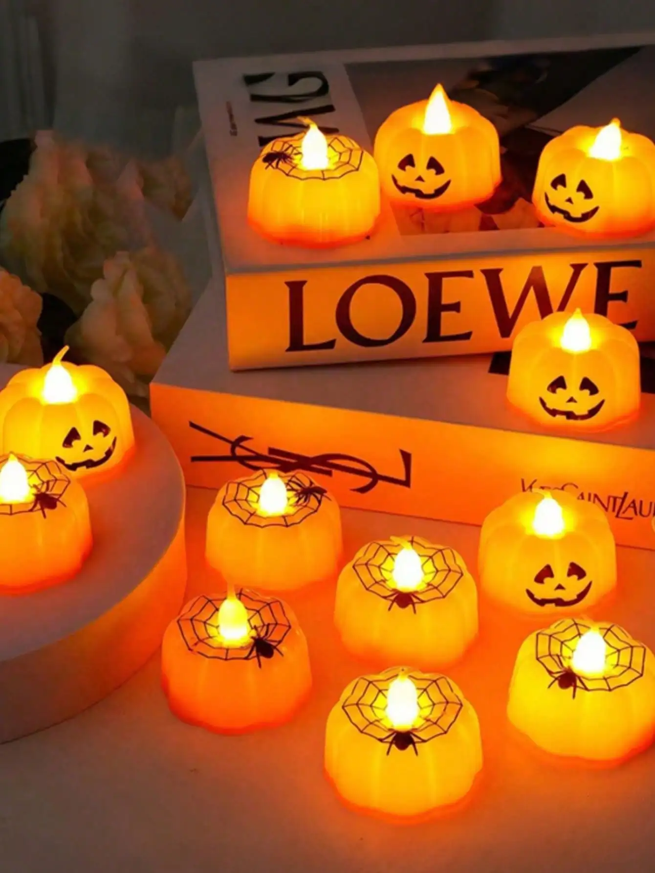 12/6pcs/1pc-Halloween Glowing Pumpkin Candles, With Jack-O'-Lantern Face And Spider Web Pattern, Perfect For Party Decoration, Haunted House Theme, Also Suitable For Thanksgiving, Halloween, 3.6 Inches X 3.6 Inches sh260514145072018560774