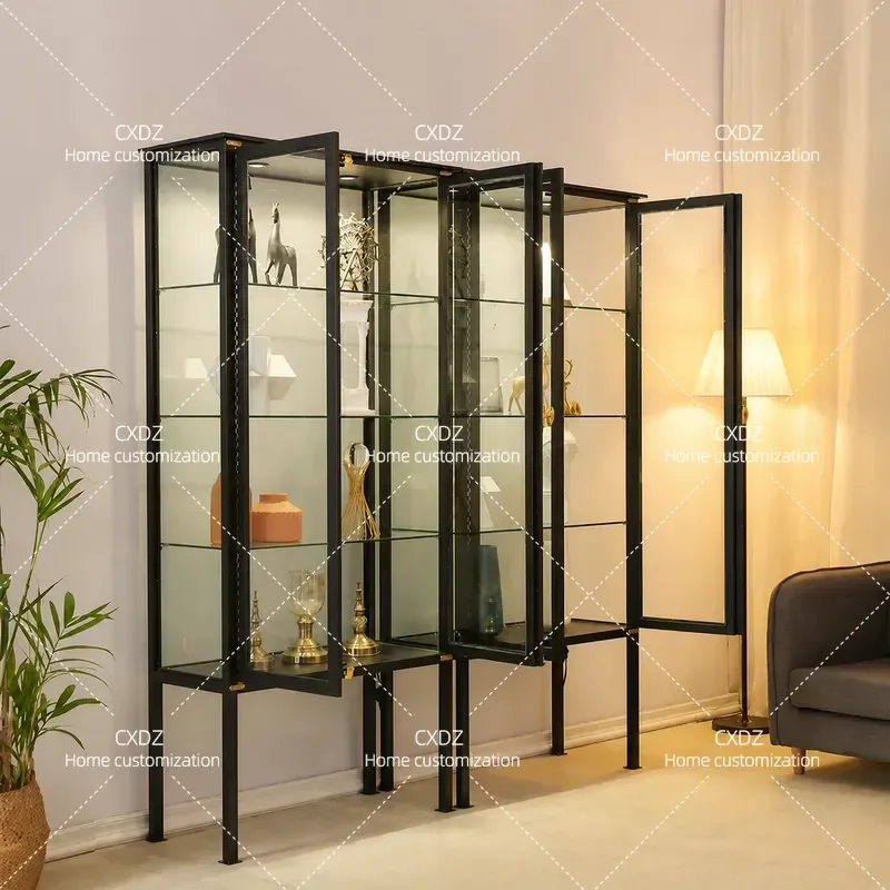 Retro Wrought Iron Glass Display Cabinet High Foot Antique Style Storage for Ceramic Tea Set Wine Collection Showcase
