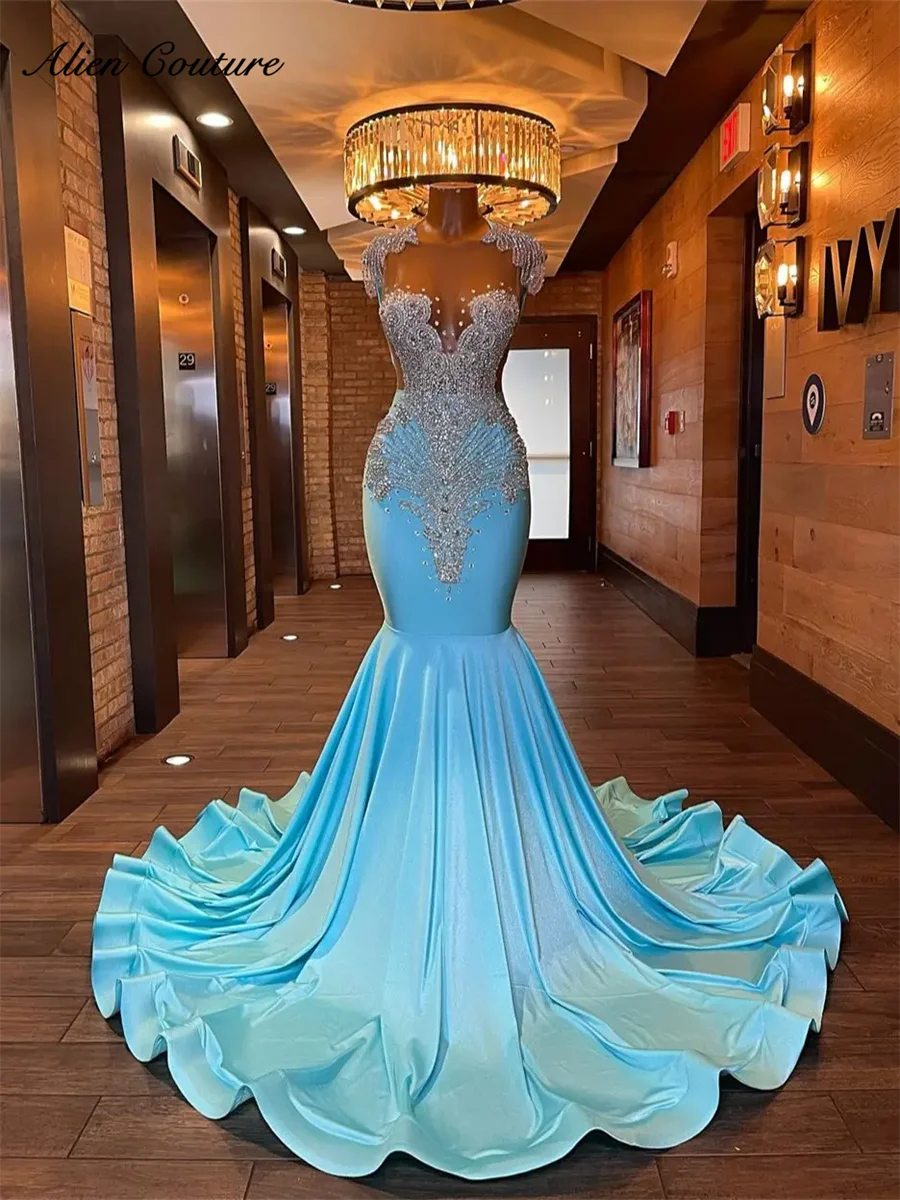 

Baby Blue Prom Dress 2025 Sparkly Beads Crystal Rhinestones Sheer Mesh Court Train Luxury Gown For Wedding Event Customized