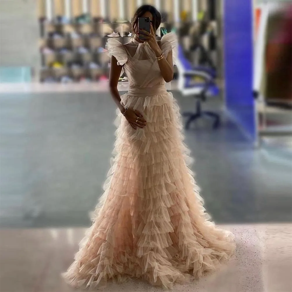 

Sevintage Saudi Arabic Tiered Ruffles Tulle Evening Dresses High-Neck Sleeveless Pleat Ruched A-Line Prom Dress Party Gown 2023