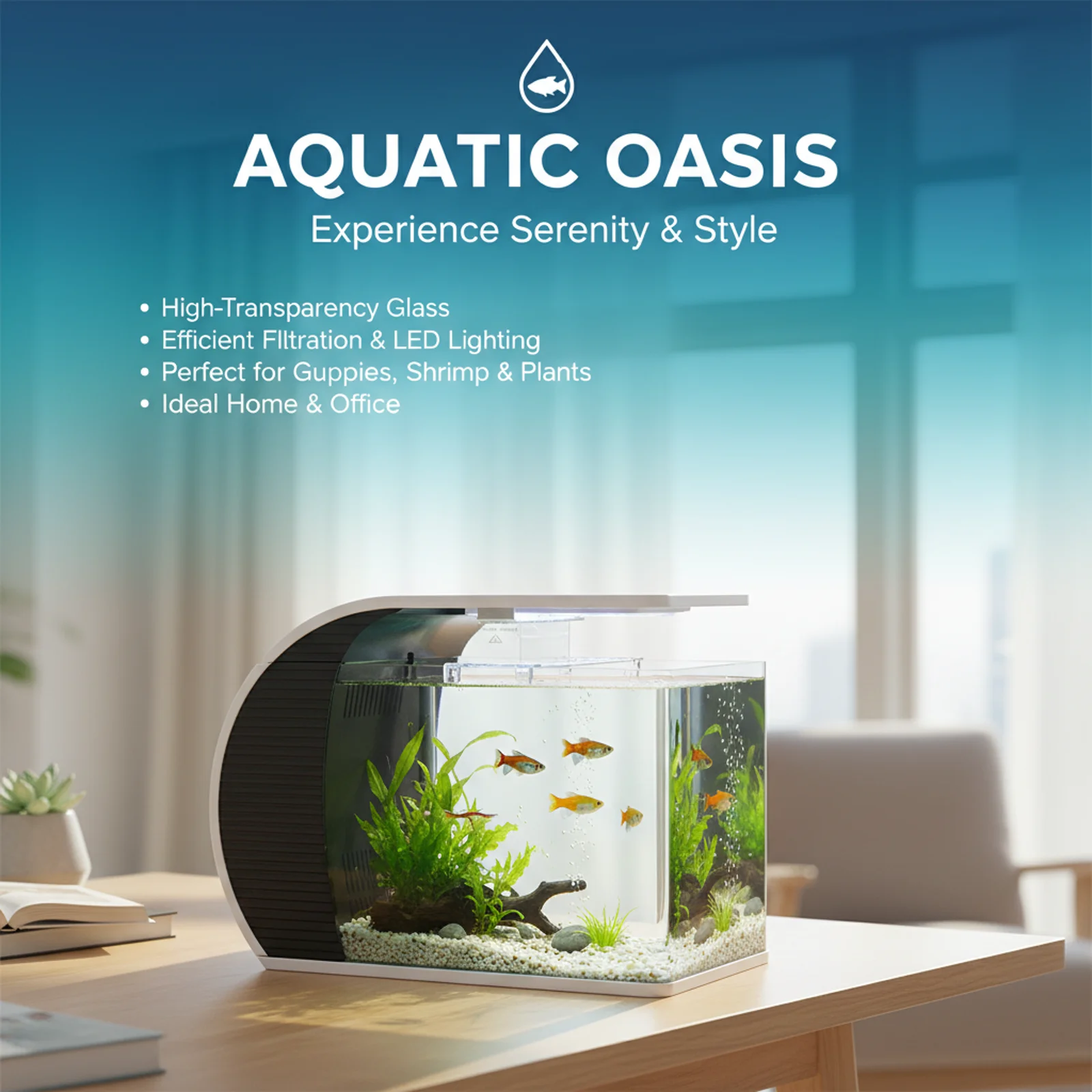 5-Gallonen-LED-Glas-Aquarium-Set, Desktop-Aquarium-Set, Glas-Fischbecken mit versteckter Filteranlage, Glas-Betta-Set, 3-Farben-Beleuchtung, AC 220-240V